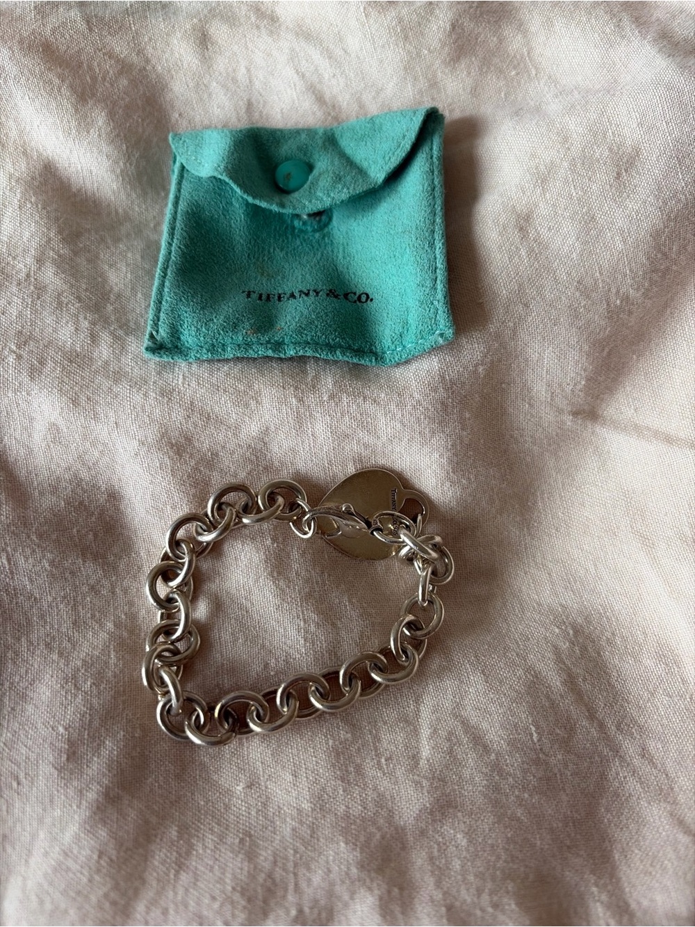 Tiffany & Co. Sterling Silver Round Link Bracelet with Heart Tag and Blue Pouch